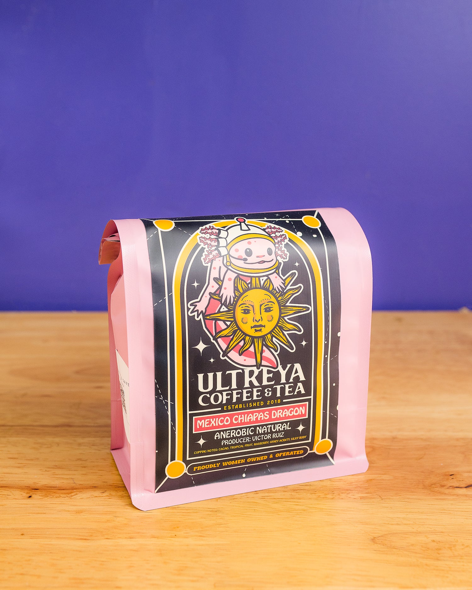 A bag of whole bean coffee roasted by Ultreya Coffee in San Diego